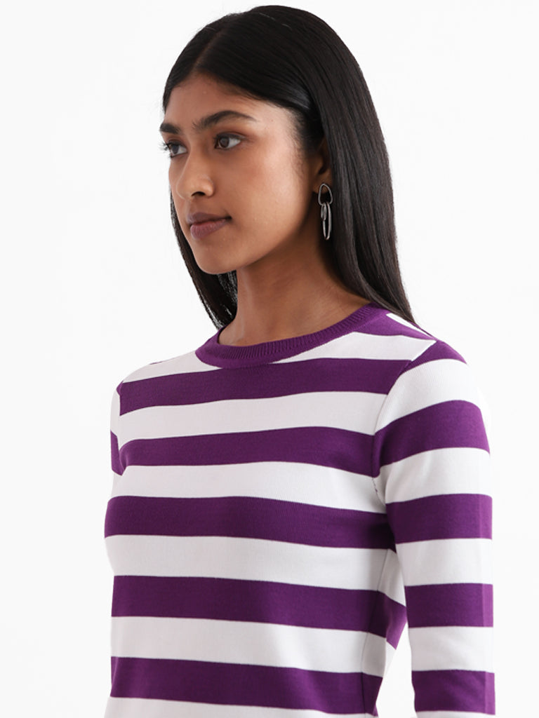 Wardrobe Striped Purple Ribbed Neck Top