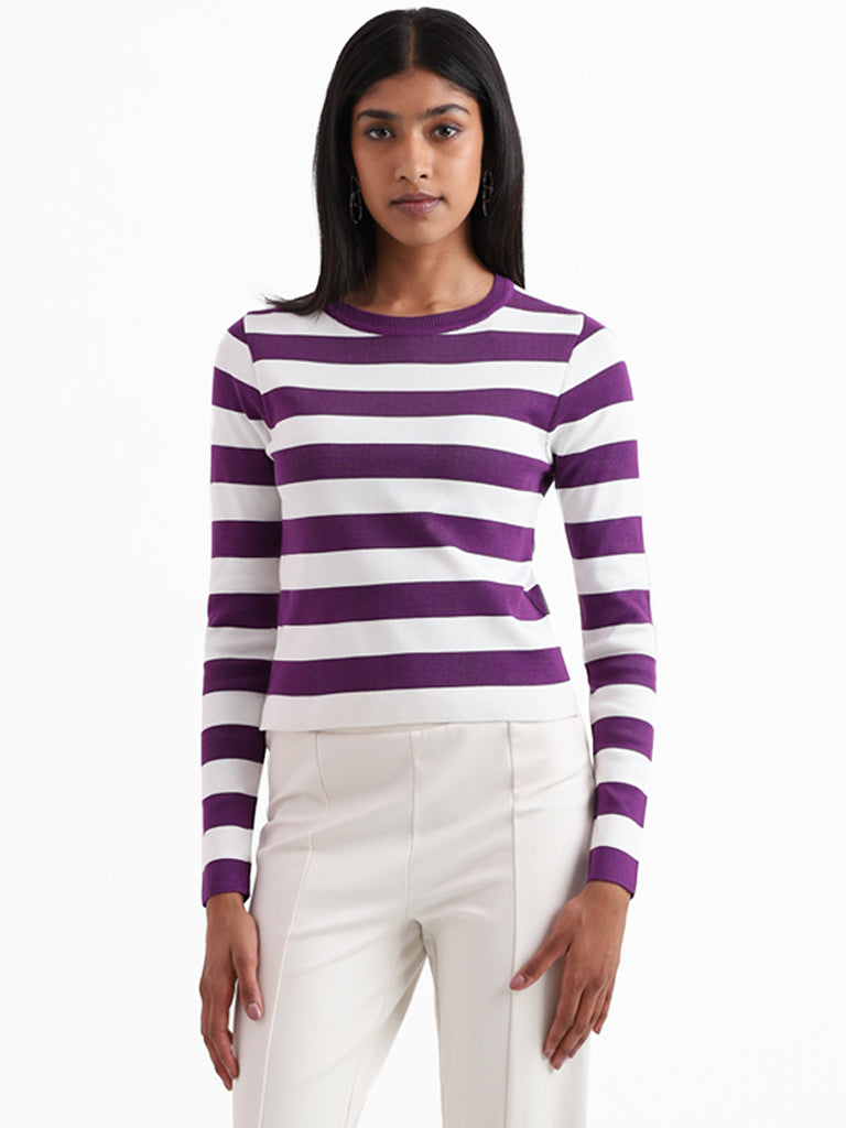 Wardrobe Striped Purple Ribbed Neck Top