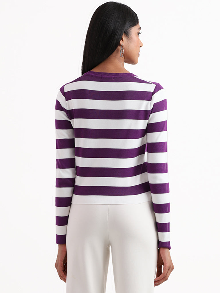 Wardrobe Striped Purple Ribbed Neck Top