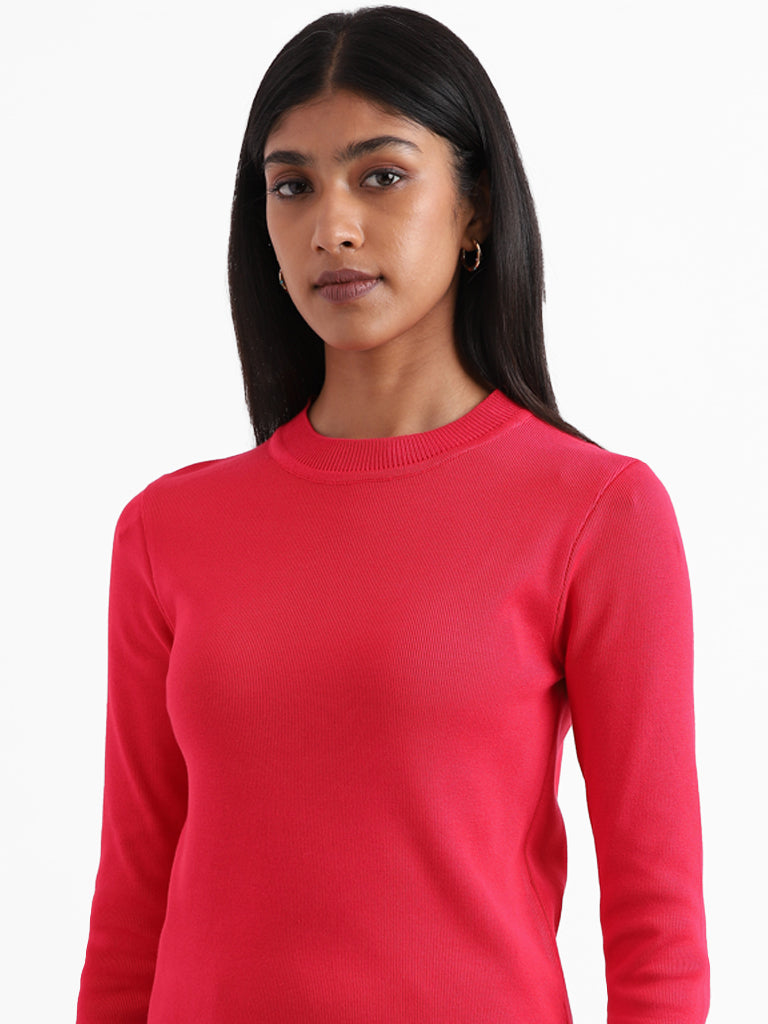 Wardrobe Plain Pink Ribbed Neck Top
