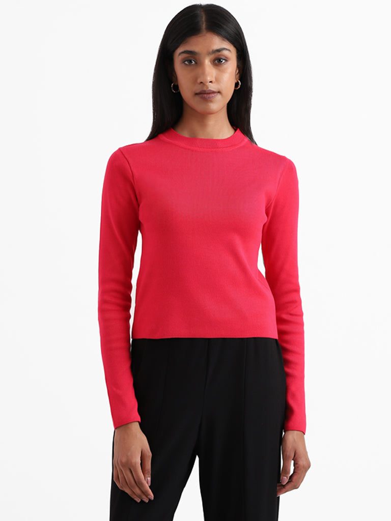 Wardrobe Plain Pink Ribbed Neck Top