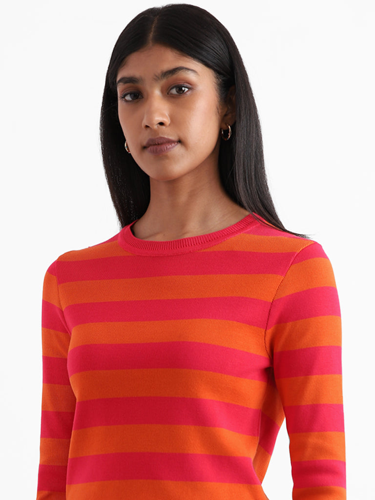 Wardrobe Striped Pink Ribbed Neck Top