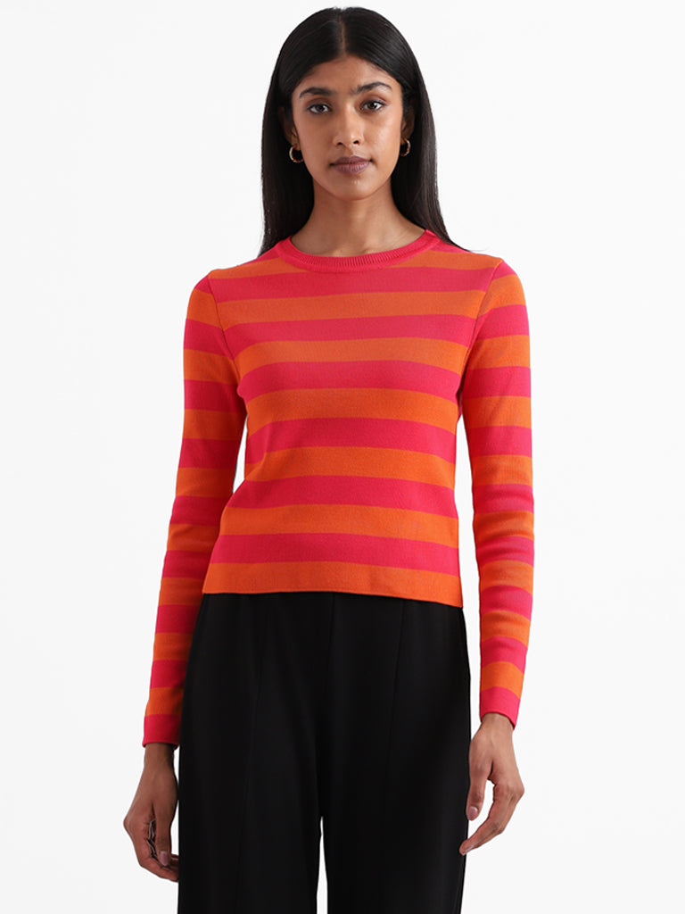 Wardrobe Striped Pink Ribbed Neck Top