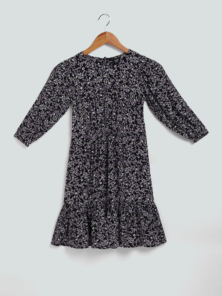 Y&F Kids Floral Printed Navy Blue Dress