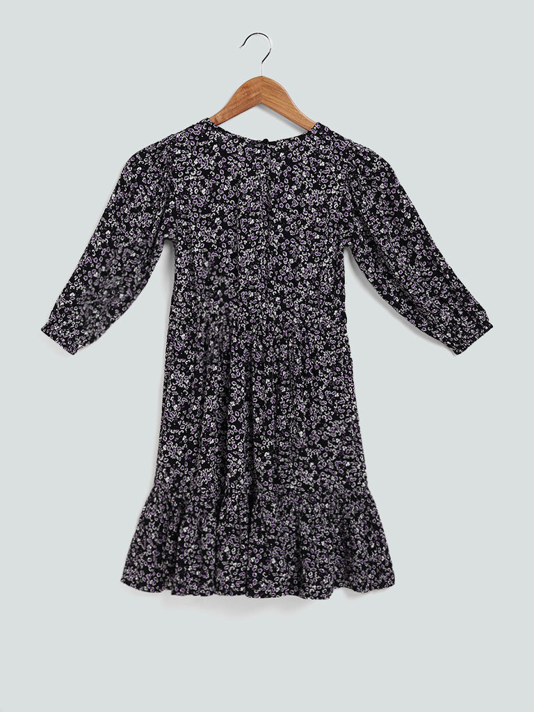 Y&F Kids Floral Printed Navy Blue Dress