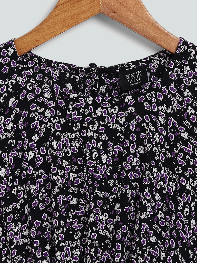 Y&F Kids Floral Printed Navy Blue Dress