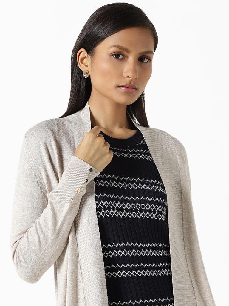 Wardrobe Solid Beige Knitted Shrug
