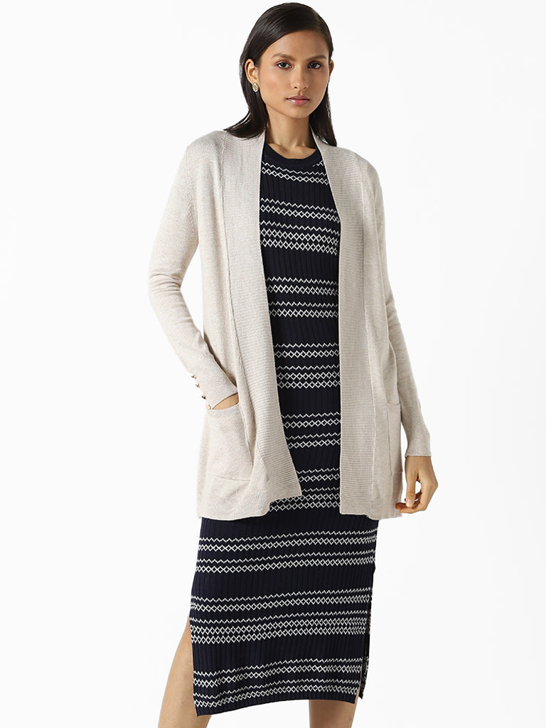 Wardrobe Solid Beige Knitted Shrug