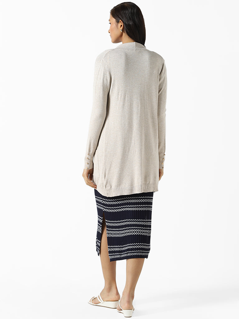 Wardrobe Solid Beige Knitted Shrug