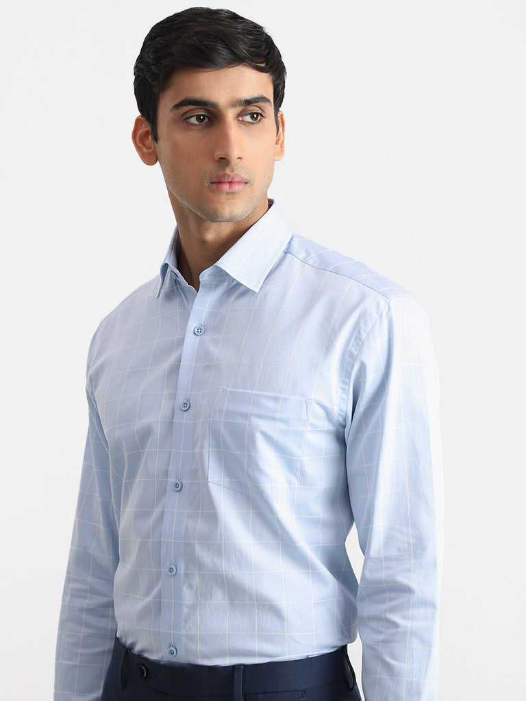 WES Formals Checked Blue Relaxed Fit Shirt