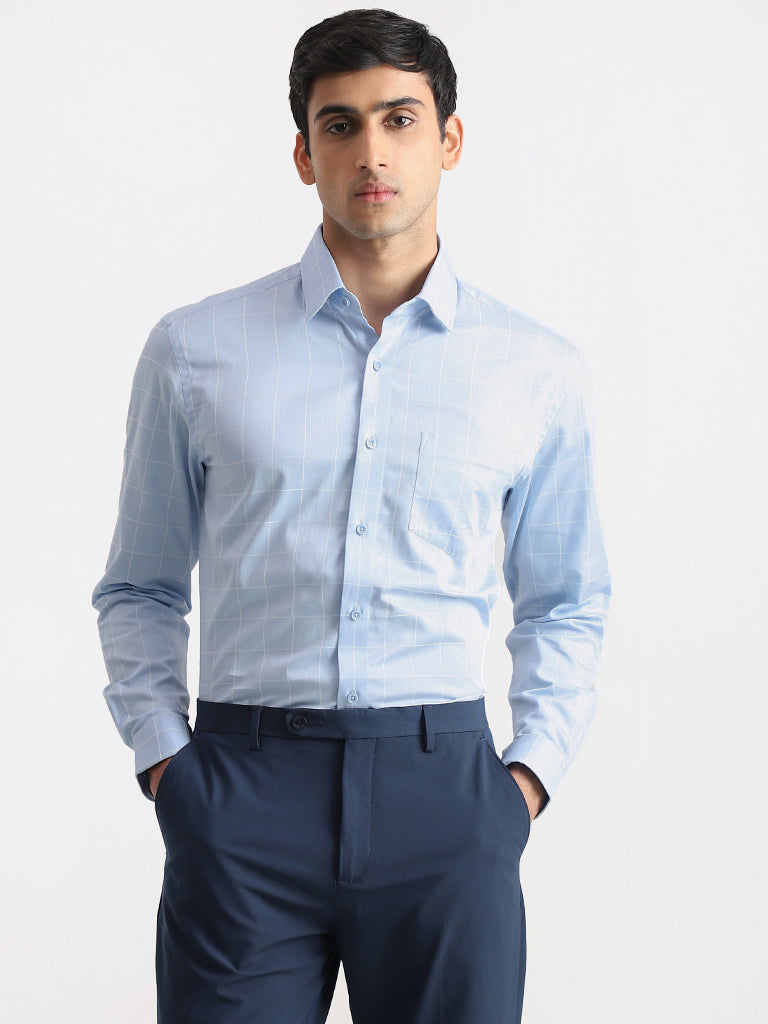 WES Formals Checked Blue Relaxed Fit Shirt
