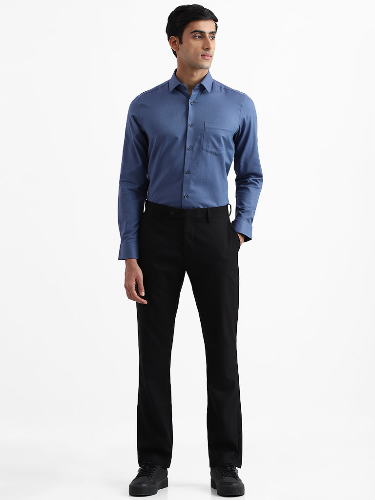 WES Formals Solid Blue Slim Fit Shirt