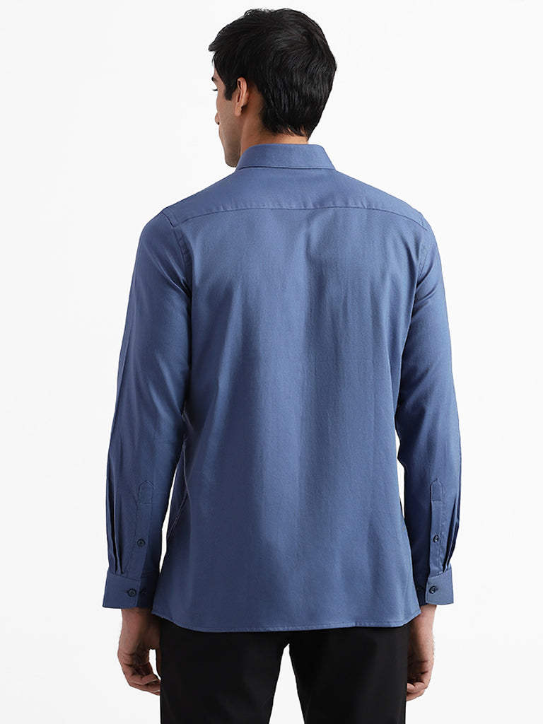 WES Formals Solid Blue Slim Fit Shirt