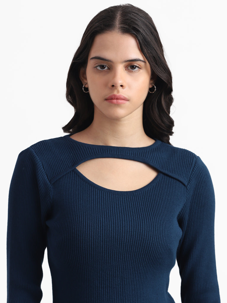 Nuon Solid Dark Blue Cut-Out Neck Top