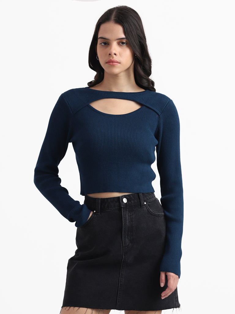 Nuon Solid Dark Blue Cut-Out Neck Top