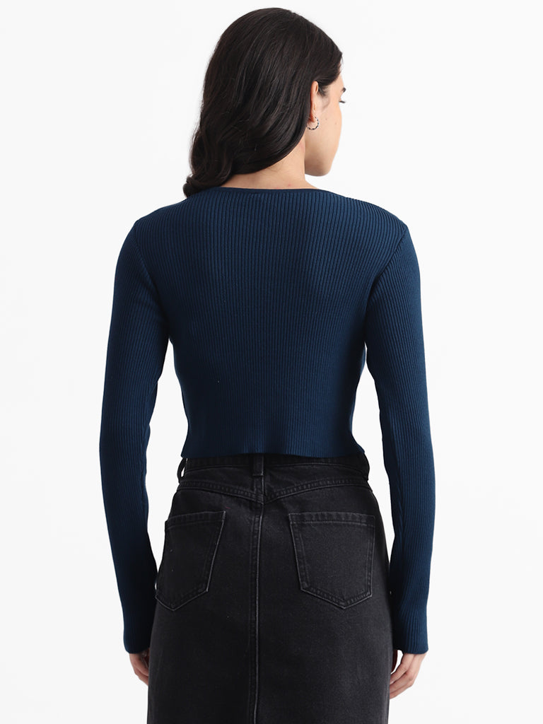 Nuon Solid Dark Blue Cut-Out Neck Top