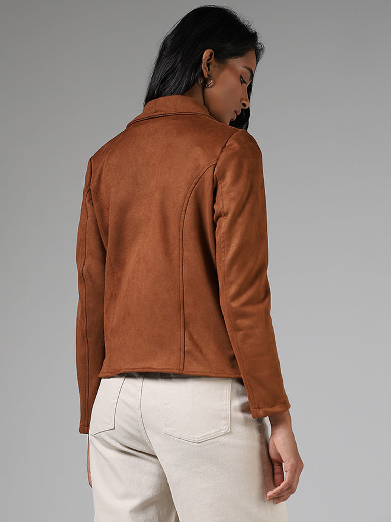 LOV Tan Brown Asymmetrical Zipper Suede Jacket