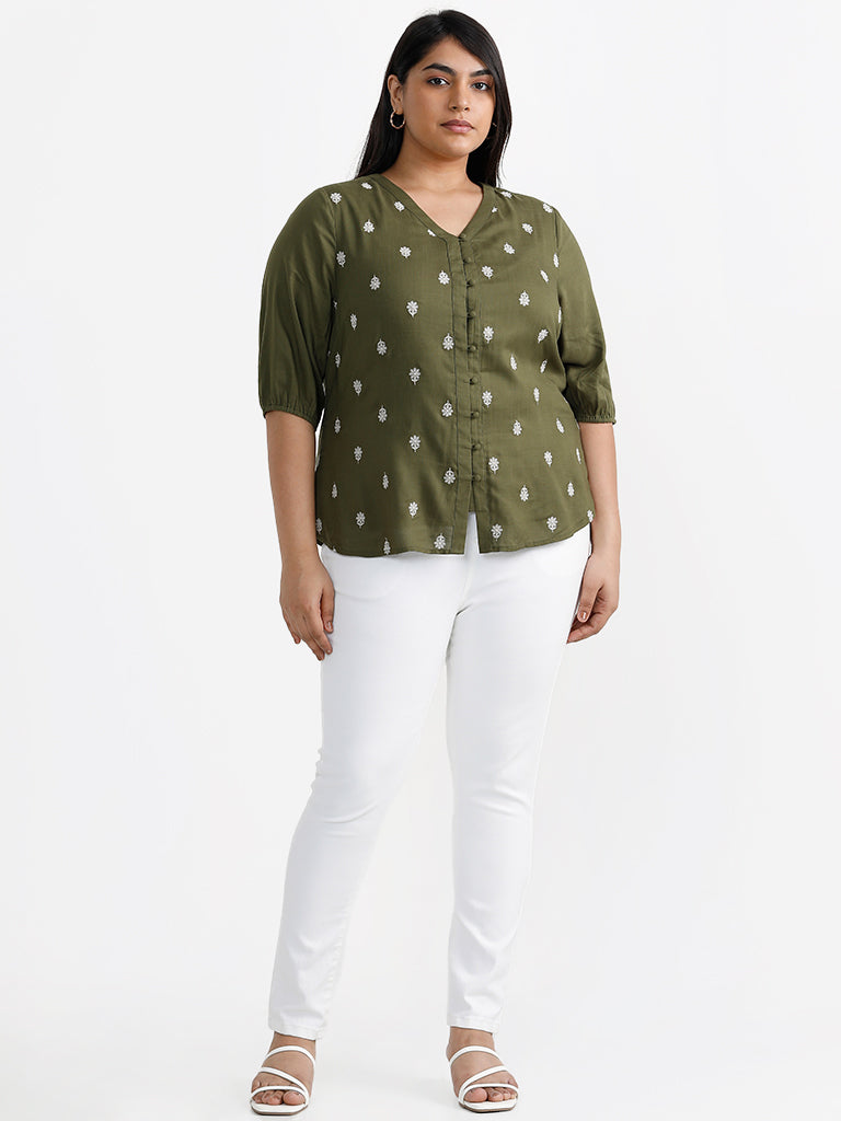 Gia Printed Olive Green V Neckline Blouse