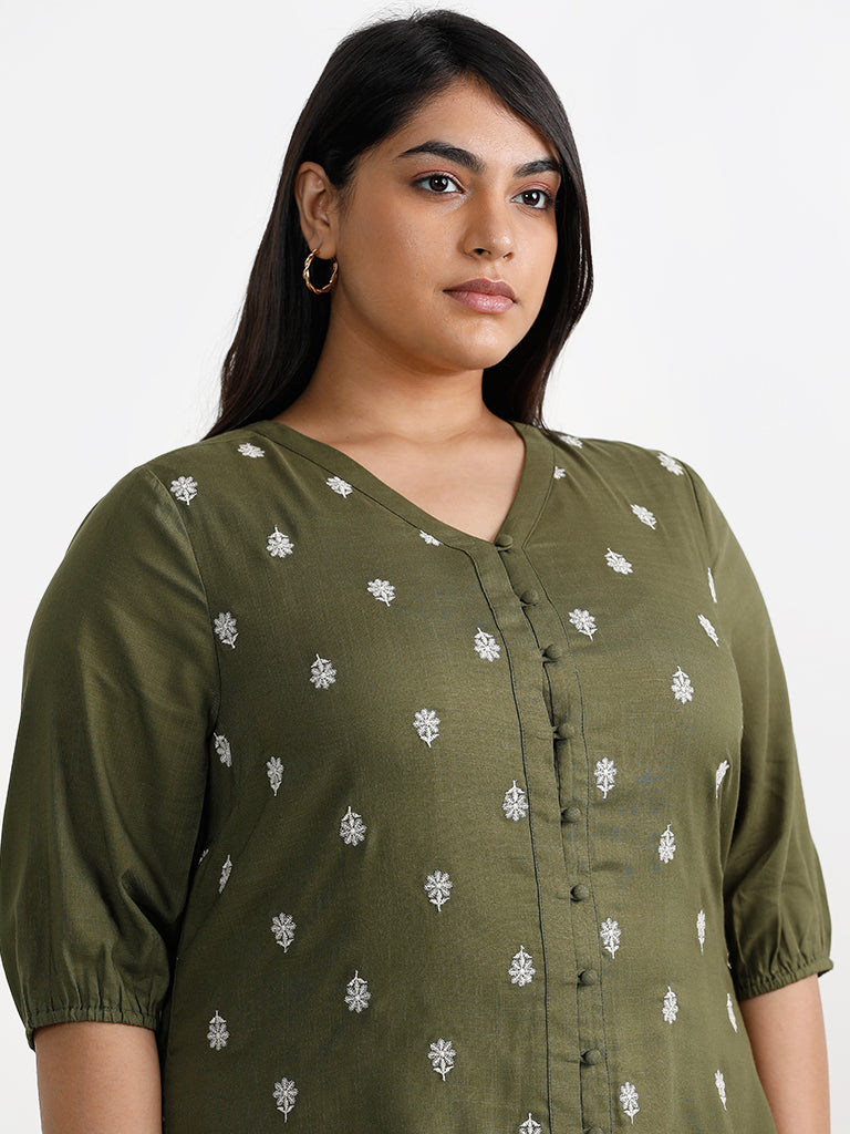 Gia Printed Olive Green V Neckline Blouse