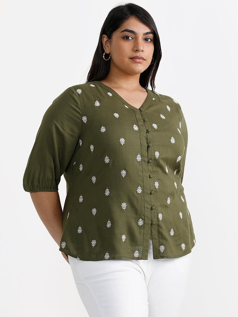 Gia Printed Olive Green V Neckline Blouse