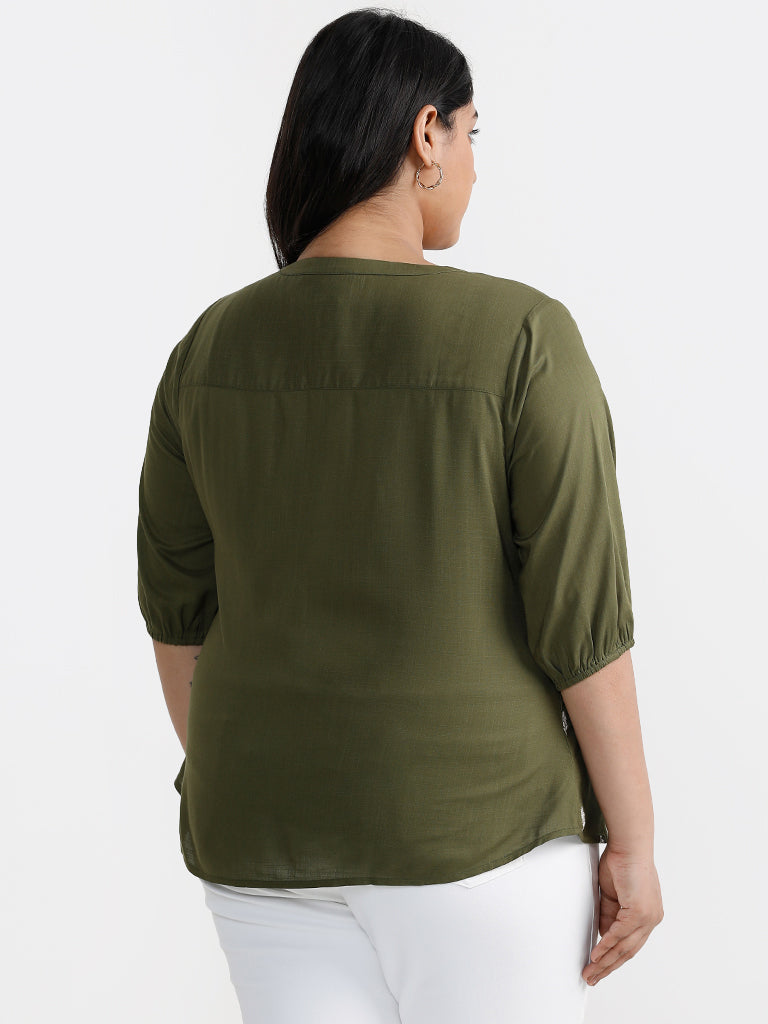 Gia Printed Olive Green V Neckline Blouse