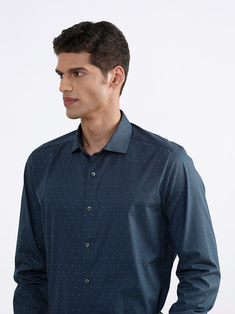 WES Formals Printed Indigo Slim Fit Shirt