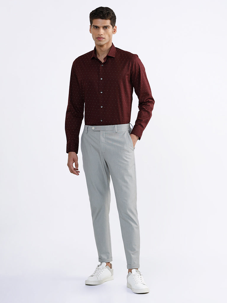 WES Formals Printed Wine-Colored Slim Fit Shirt