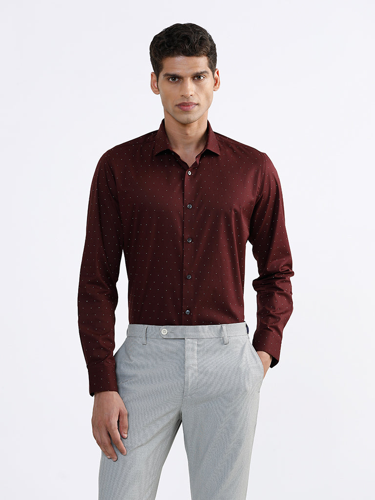 WES Formals Printed Wine-Colored Slim Fit Shirt