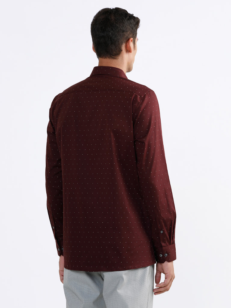 WES Formals Printed Wine-Colored Slim Fit Shirt