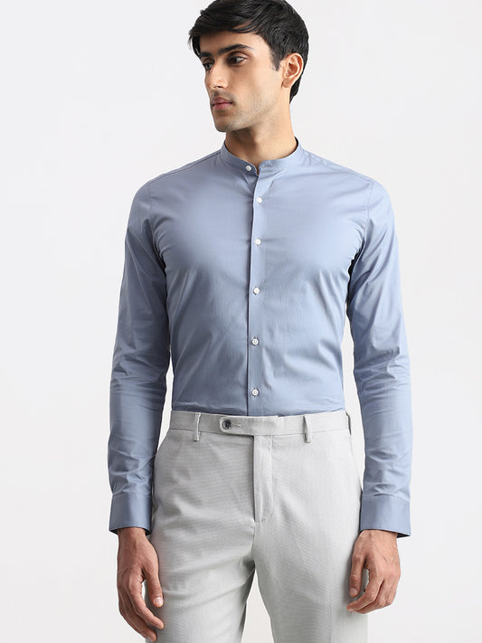 WES Formals Solid Light Blue Cotton Blend Ultra Slim Shirt
