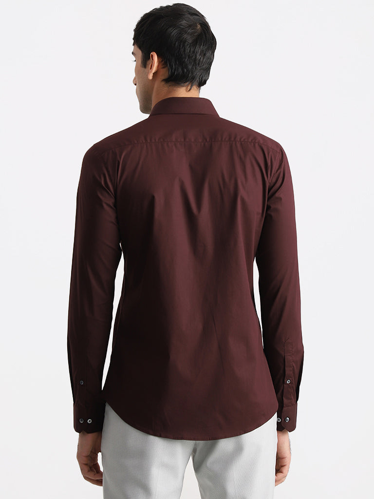 WES Formals Solid Dark Wine Cotton Blend Ultra Slim Shirt