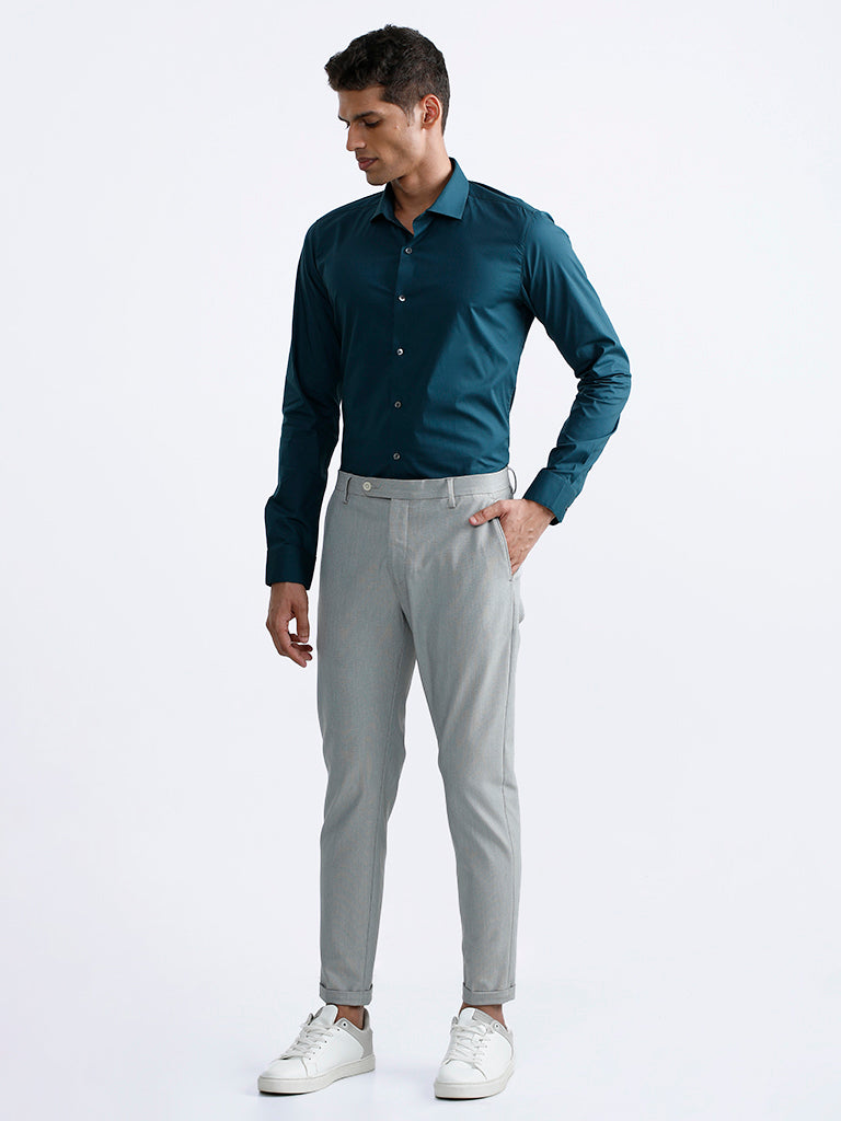 WES Formals Plain Dark Teal Cotton Blend Ultra Slim Fit Shirt