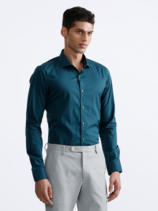 WES Formals Plain Dark Teal Cotton Blend Ultra Slim Fit Shirt