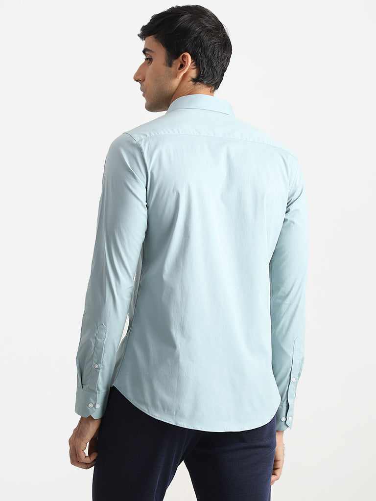 WES Formals Solid Light Teal Cotton Blend Ultra Slim Shirt