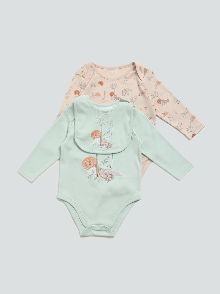 HOP Baby Multicolored Jungle Printed Rompers & Bib - Set of 2