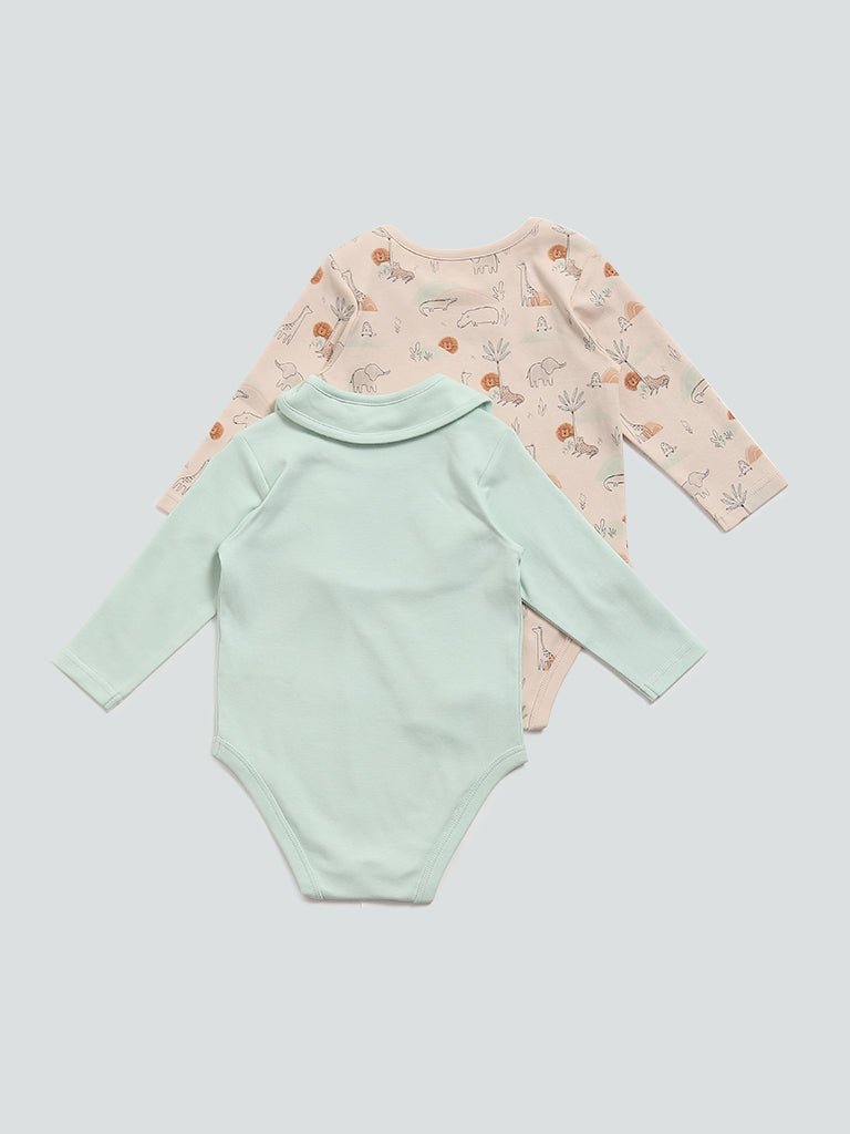 HOP Baby Multicolored Jungle Printed Rompers & Bib - Set of 2