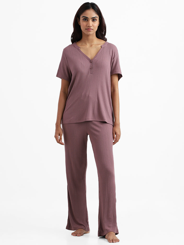 Wunderlove Sleepwear Modal Rib Light Brown Henley Lounge Top