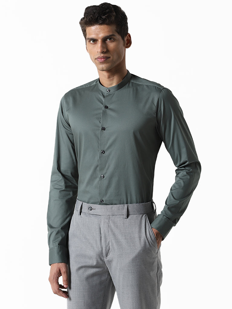 WES Formals Plain Dark Sage Ultra Slim Fit Shirt