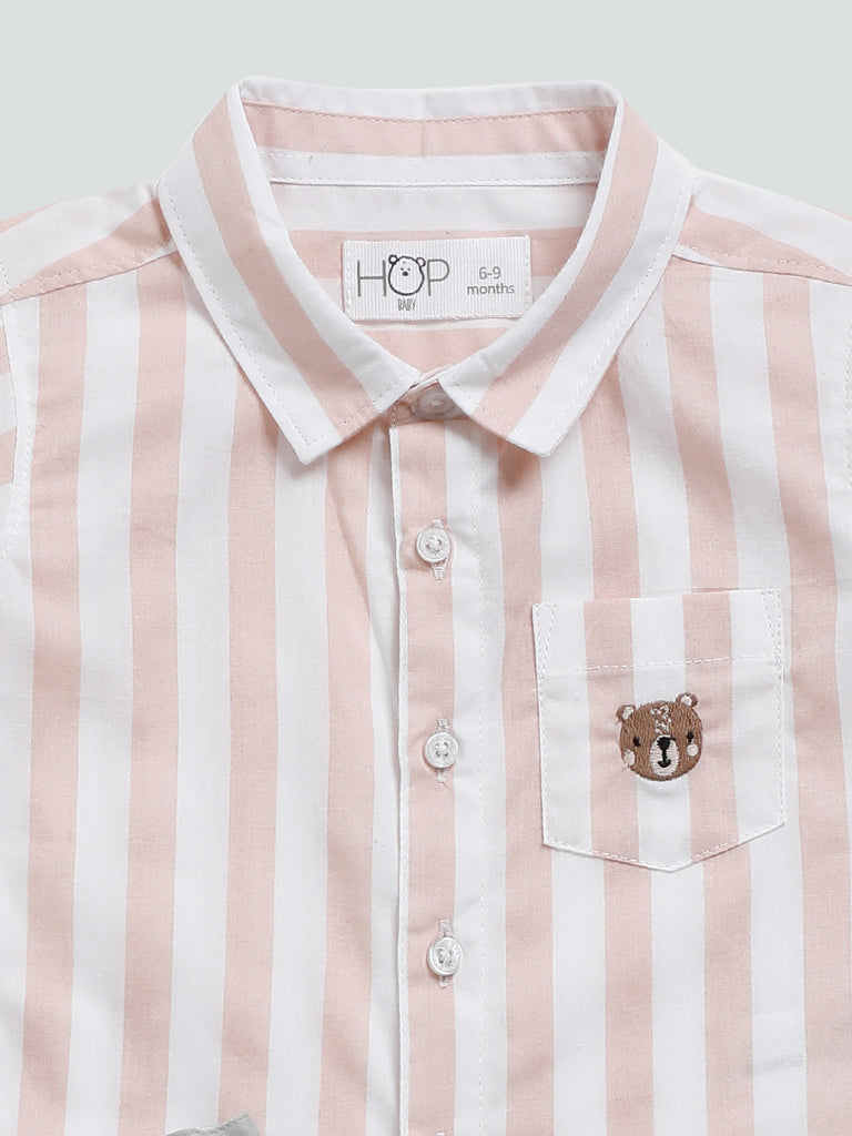 HOP Baby Light Orange Striped Shirt with Shorts & Belt Set