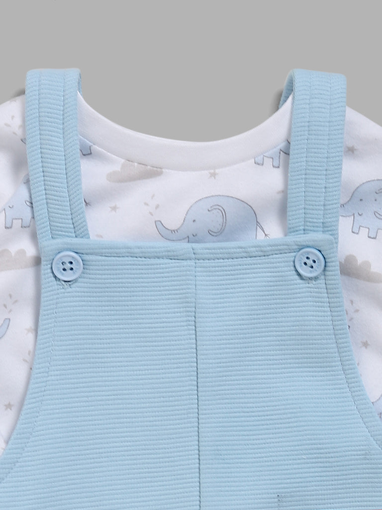 HOP Baby Blue Elephant Printed T-Shirt & Dungaree Set