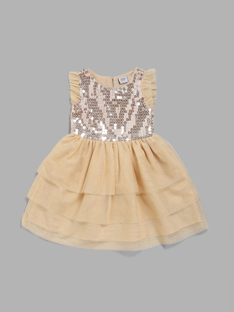 HOP Kids Beige Sequins Tiered Dress