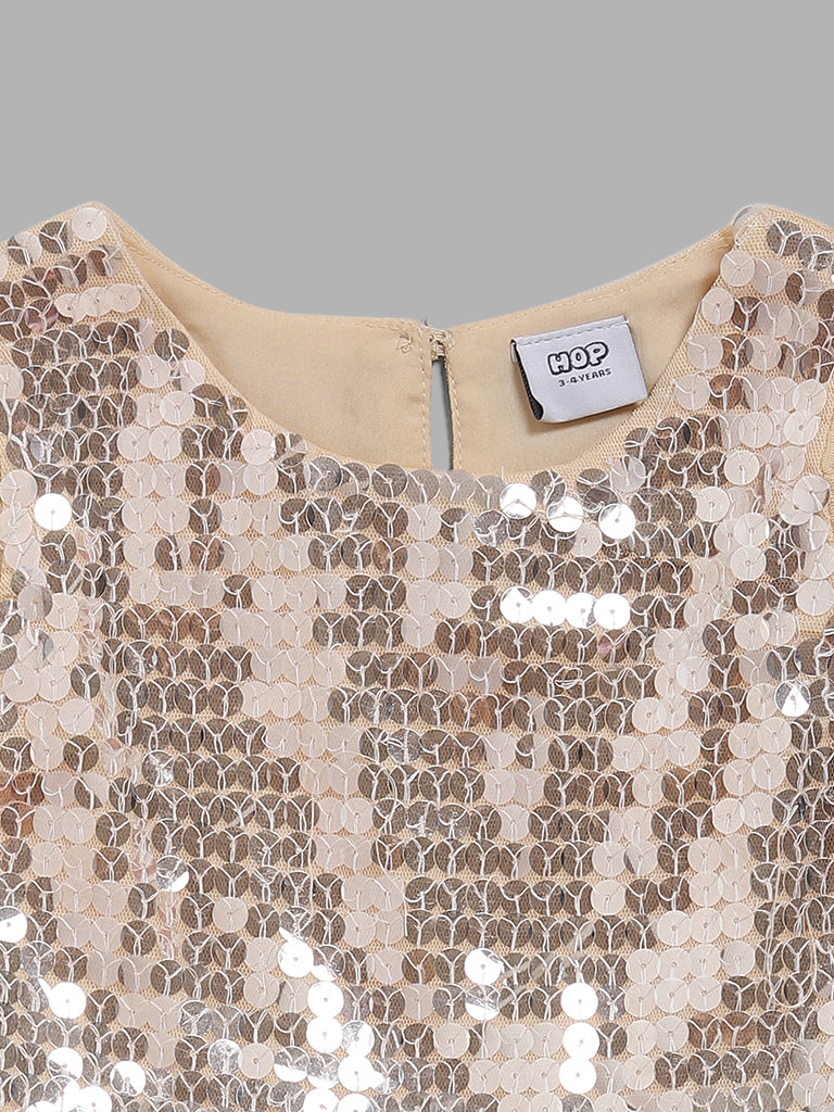 HOP Kids Beige Sequins Tiered Dress