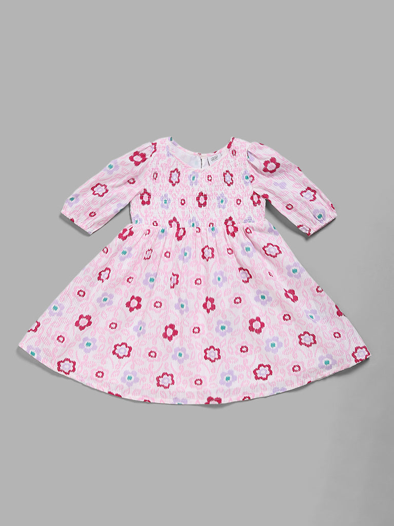 HOP Kids White & Pink Floral Printed Dress