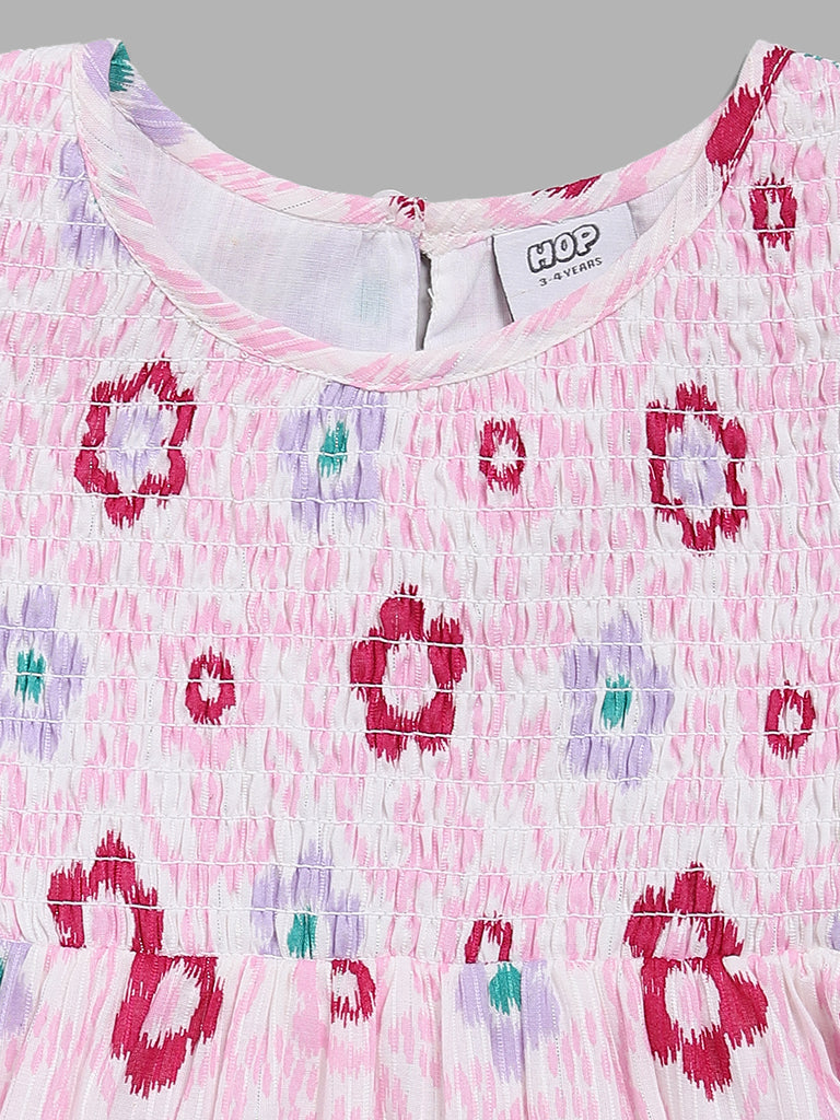 HOP Kids White & Pink Floral Printed Dress