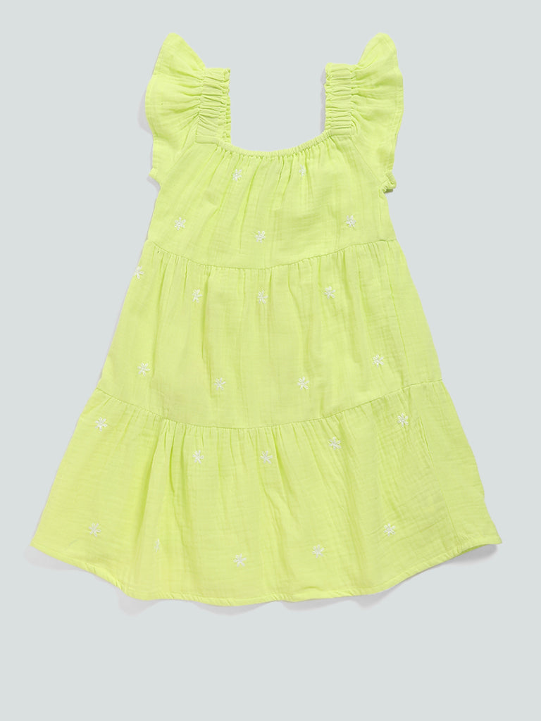 HOP Kids Floral Embroidered Lime Green Dress