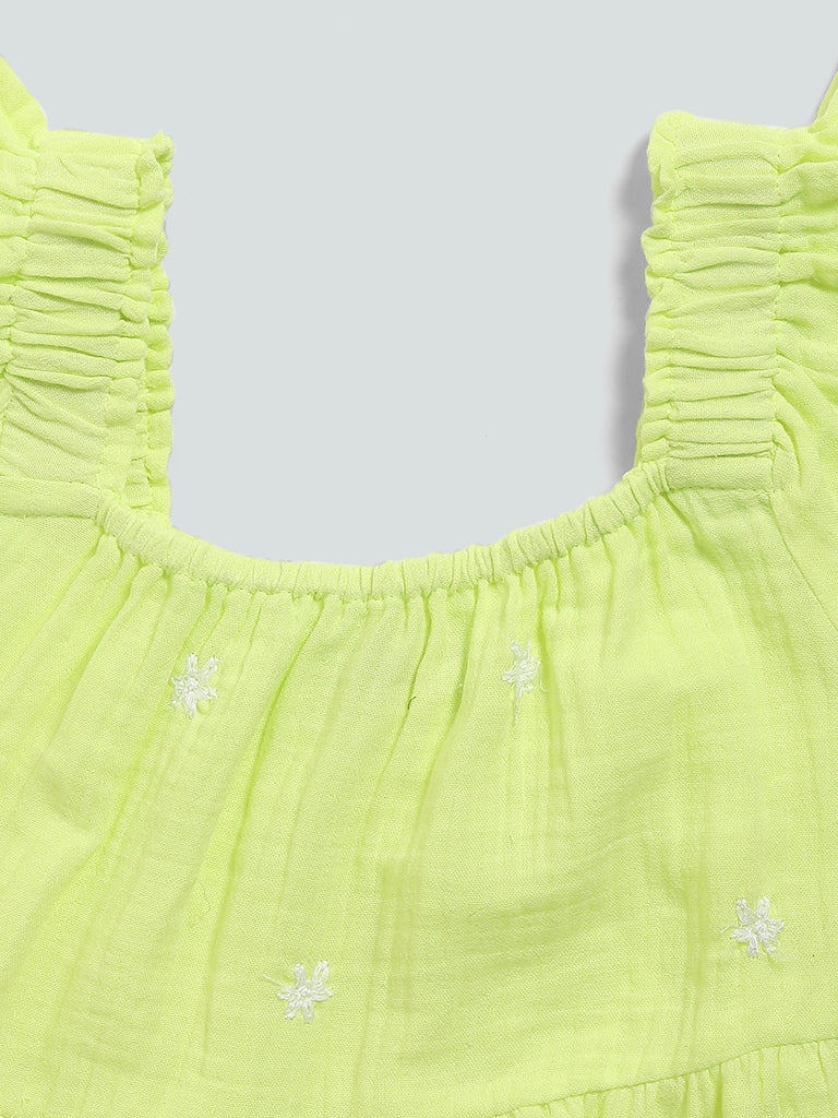 HOP Kids Floral Embroidered Lime Green Dress