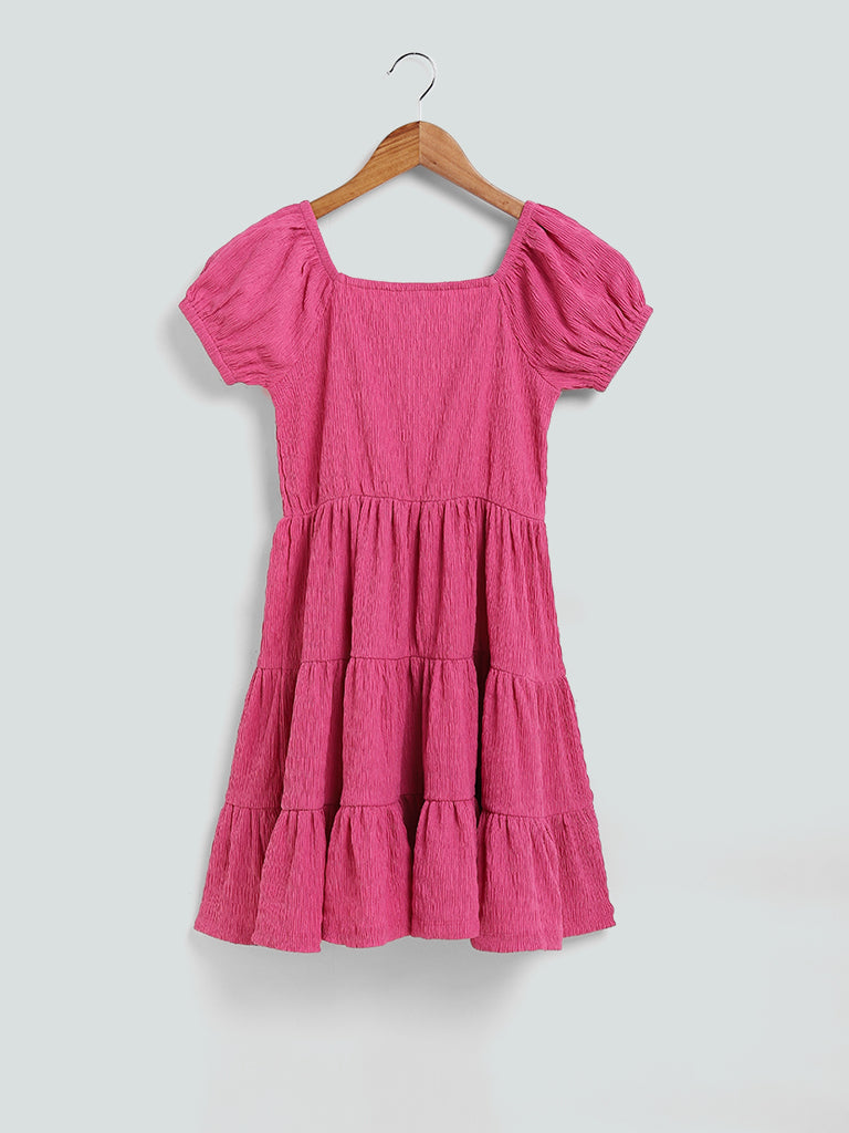 Y&F Kids Plain Tiered Hot Pink Dress