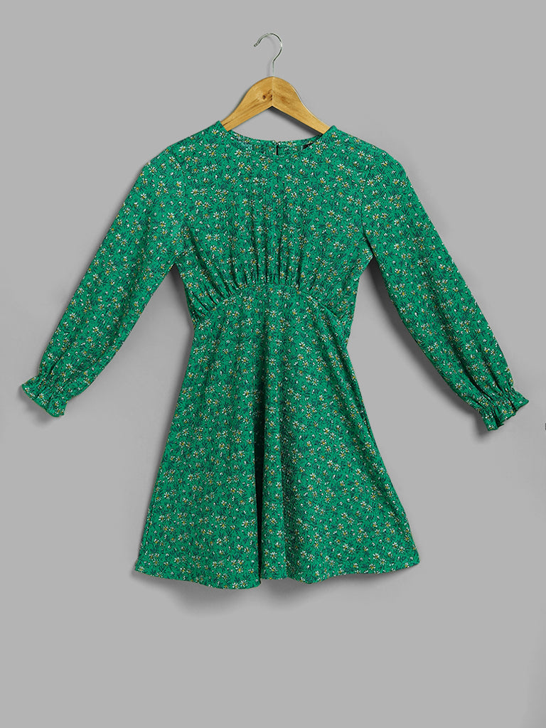 Y&F Kids Green Floral Printed A-Line Dress