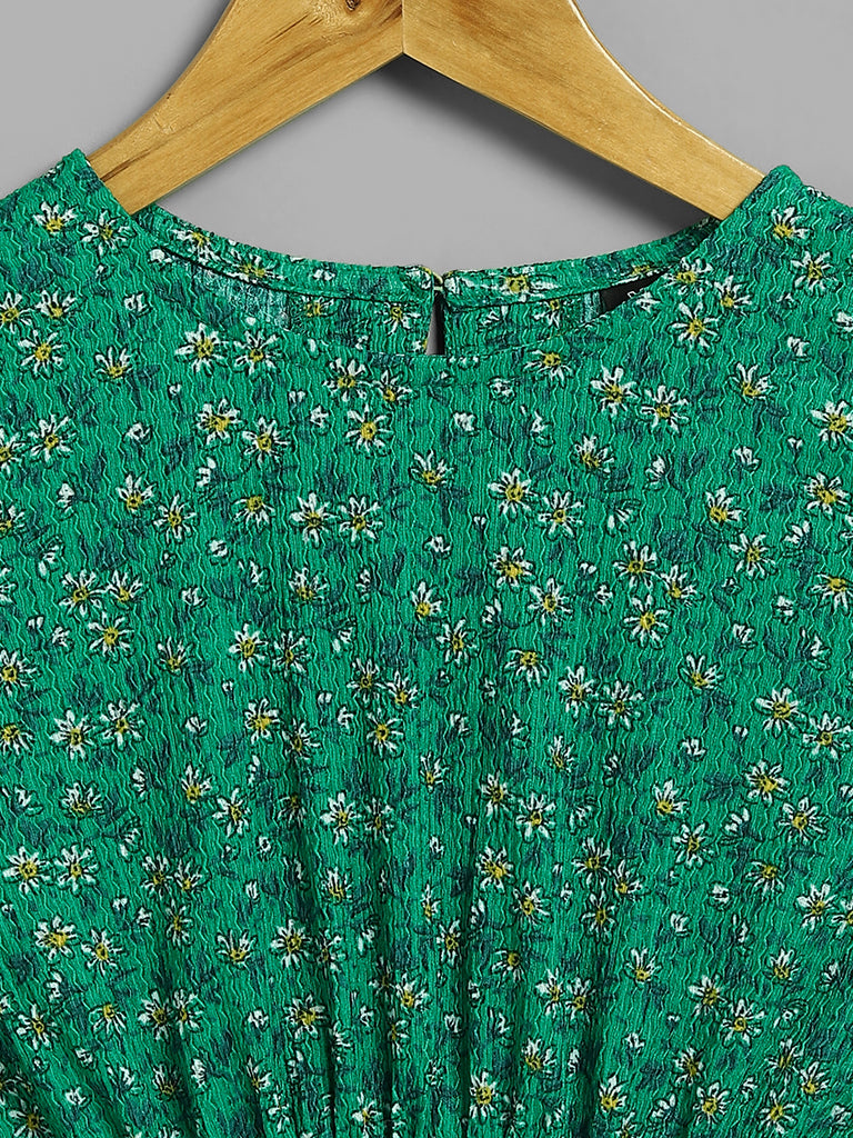 Y&F Kids Green Floral Printed A-Line Dress