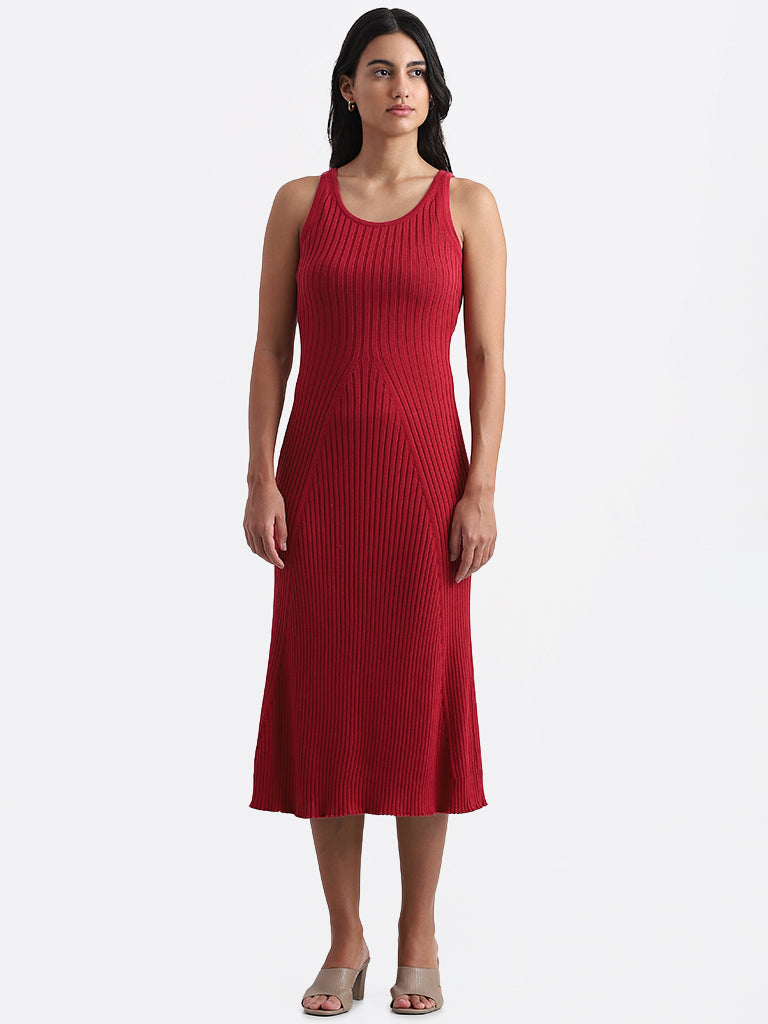 Nuon Cherry Red Self Striped Bodycon Dress